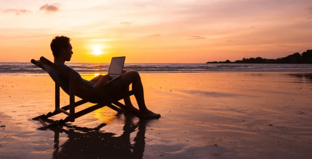 Man working on a laptop while sitting on a beach in Thailand, blending work and relaxation with tropical scenery in the background.